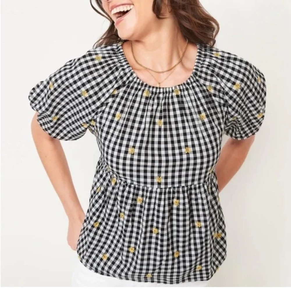 Old Navy Gingham Cottagecore Blouse Puff Sleeve Embroidered Floral Top M